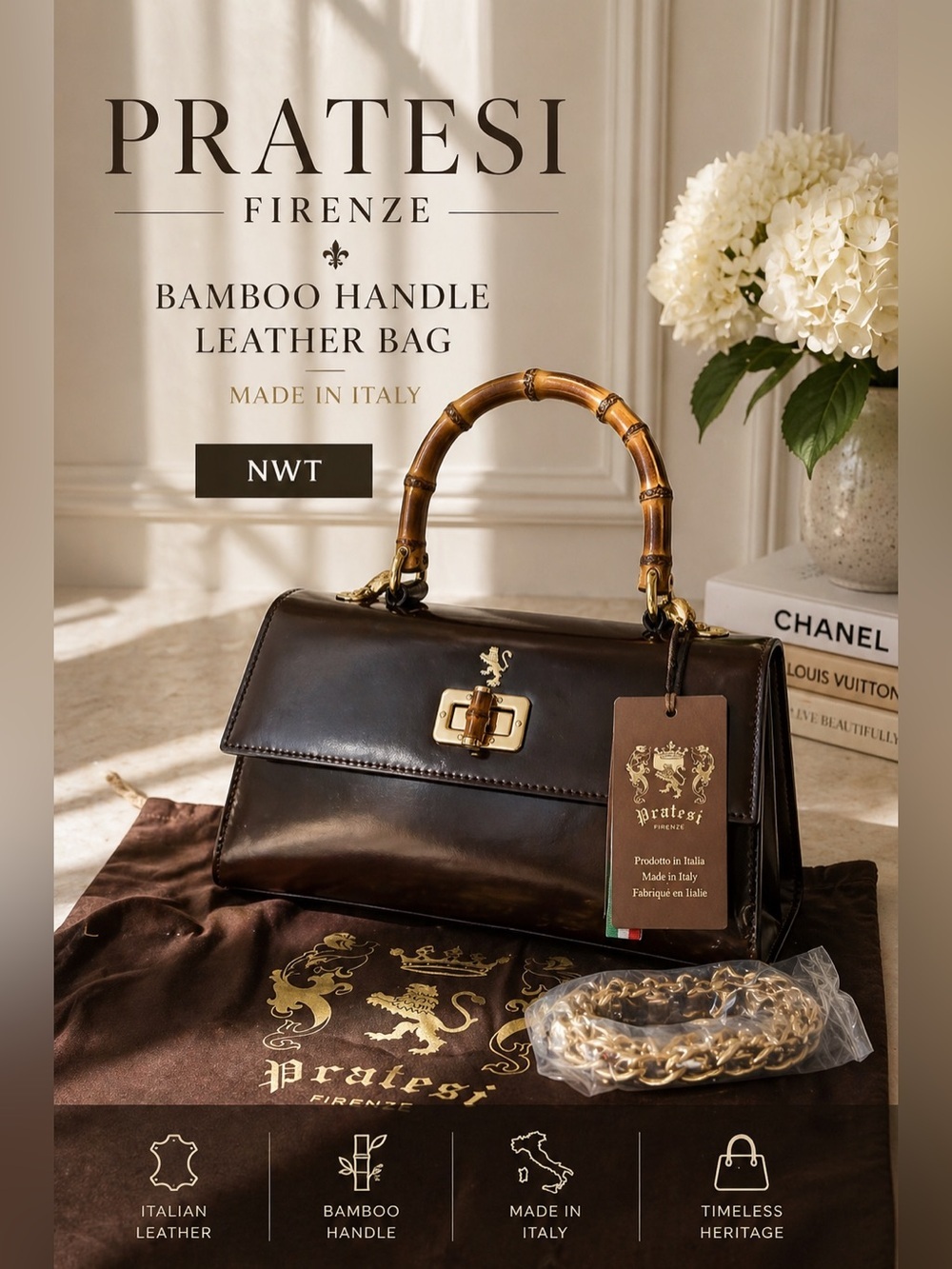 Pratesi Firenze Bamboo Handle Leather Top Handle Bag Chocolate NWT Made in Italy